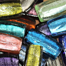Load image into Gallery viewer, India, Silver Foil, Flat Cylinder Tubes, Indian, India, Indonesia, Worldwide, Asia, Beads, Statement, Necklace, Collection, Gold Leaf, Copper, Pale Amethyst, Clear, Forest Green, Pale Topaz, Gold Leaf, Ice Green, Lilac, Jewellery-Making, Chunky, Jewellery, Glass, Large Hole, Centre-Drill, Mix, Tigertail, Leather, Fishing Line, 
