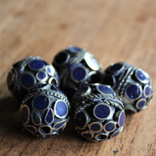 Load image into Gallery viewer, Dark Lapis Lazuli, Afghanistan, Turkmenistan, Brass, Turkoman,  Imperfections, Jewellery, Global Beads, Collection, Mix, Tigertail, Craftline, Leather, Necklace, Earrings, Ethnic, Tribal, Statement Jewellery, Top-Drill, Hole, Afghan, Middle Eastern, Enamel, Inlaid, Bracelet, Anklet, Filigree, Wire, Wrapping, Rustic
