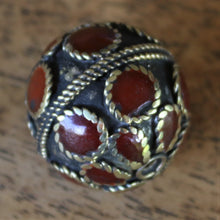 Load image into Gallery viewer, 5pcs – 20x22mm Raised Ethnic Turkoman Brass Beads with Jasper Enamel Inlay [E-11]

