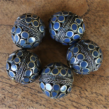 Load image into Gallery viewer, Afghanistan, Turkmenistan, Brass, Turkoman,  Imperfections, Jewellery, Global Beads, Collection, Mix, Tigertail, Craftline, Leather, Necklace, Earrings, Ethnic, Tribal, Statement Jewellery, Top-Drill, Hole, Afghan, Middle Eastern, Enamel, Inlaid, Bracelet, Anklet, Filigree, Wire, Wrapping, Dark Lapis, Rustic

