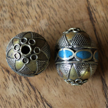 Load image into Gallery viewer, Kazakh, Afghanistan, Kazakhstan, Turquoise, Ural Mountains, False Granulation, Silver, Brass, Turkoman,  Imperfections, Jewellery, Global Beads, Collection, Mix, Kuchi, Tigertail, Craftline, Leather, Necklace, Earrings, Ethnic, Tribal, Statement Jewellery, Top-Drill, Hole, Afghan, Eggs, Barrels, Middle Eastern, Enamel, Inlaid,
