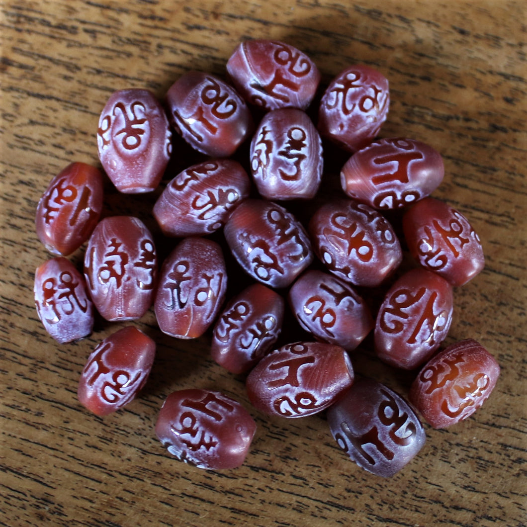 Carnelian, Etched, Chinese Script, Semi-Precious, Jewellery-Making, Jewellery, Beaders, Collection, Mix, Necklace, Anklet, Bracelet, Earrings, Spiritual, Healing Properties, Madagascar, Uruguay, Brazil, Oregon, New Jersey, United States, Fertility, Barrels, Oval, 