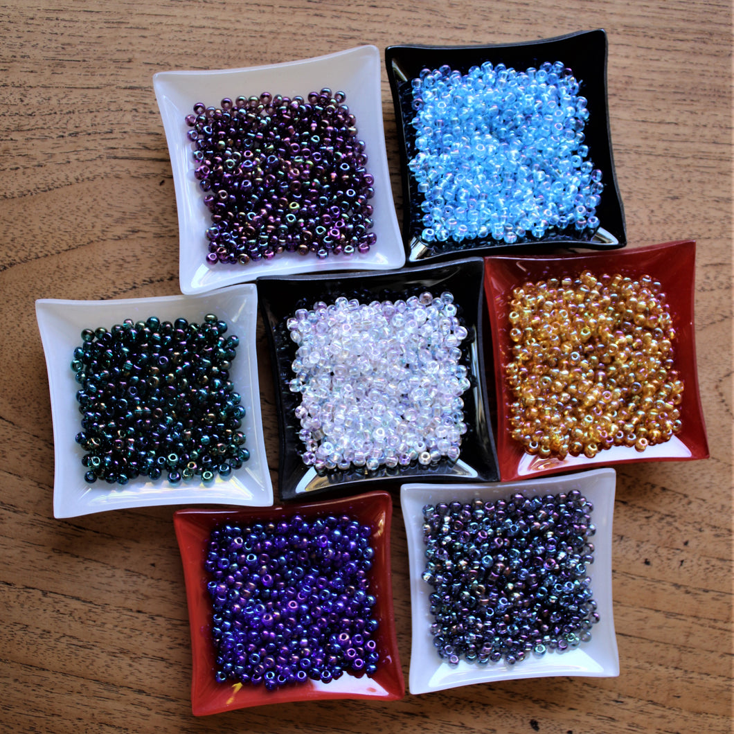 clear AB, sapphire AB, topaz AB, pale amethyst AB, blue AB, teal AB, amethyst AB, Seed, Bead, Mixed, Mix, Collection, Czech, Glazed, Pearl, Seeds, Rocailles, Seed Beads, Opaque, Iridescent, Metallic, Iris, Silver Lined, Translucent, Matt, Lustre, Satin, Tigertail, Leather, Craftline, Cotton Bead Thread, Fishing Line, Mixed, Czechoslovakia, Japan, India, China, Taiwan, Jewellery-Making, Europe, Little Stones, Glass, Embroidery, Bracelet, Necklace, Earrings, Clothing, Bread, Butter, Fabric,