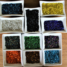 Load image into Gallery viewer, Black OP, Yellow SL), Montana SL, Royal Blue SL, Silver SL, Turquoise, Purple Iris, Olive Iris, Orange SL, Emerald SL, Topaz SL, Seed, Bead, Mixed, Mix, Collection, Czech, Glazed, Pearl, Seeds, Rocailles, Seed Beads, Opaque, Iridescent, Metallic, Iris, Silver Lined, Translucent, Matt, Lustre, Satin, Tigertail, Leather, Craftline, Cotton Bead Thread, Fishing Line, Japan, India, China, Taiwan, Jewellery-Making, Europe, Little Stones, Glass, Embroidery, Bracelet, Necklace, Earrings, Clothing, Jewellery, Bread,
