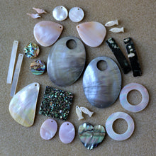 Load image into Gallery viewer, Pendant, Shield, Pau, Abalone, Mother of Pearl, Pink, White, Black, Pearl Shell, Shell, Eyebrows, Collection, Curtains, Suncatchers, Hearts, Drops, Dog Tags, Name Tags, Donuts, Yokes, Shards, Machetes, Fish, Birds, Jewellery, West Australia, Necklaces, Bracelets, Earrings, One-Of-A-Kind, Mix, Scissors, Pau Sparkle Tile, Pink Mother of Pearl, 
