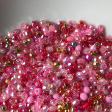 Load image into Gallery viewer, Plastic, Beads, Multicoloured, Mixed, Assorted, Collection, Taiwan, Asian, Transparent, Gold, Pink, Salmon, Blossom, Cerise, Rose, Magenta, Coral, Fuchsia, Red, Scarlet, Siam, Rose, Crimson, Rosaries, Suncatchers, Bead Curtains, Jewellery, Key Rings, Necklaces, Bracelets, Art Projects, Counting, Teaching, 
