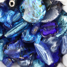 Load image into Gallery viewer, Seascapes Blue, Chunky Beads, Glass, 2 Kilo, Two Kilogram, Colourful, Indian Silver Foil Beads, Silver Foil, Collections, Diamonds, Cubes, Hearts, Drops, Round, Tabular, Oval, Bicones, Cylinders, Slabs, Round, Gourds, Twists, Jewellery, Blue, Cyan, Capri, Cerulean, Navy, Aqua, Sapphire, Cobalt, Azure, Suncatchers, Indian, Beads, Statement, Gold, Speckled, 
