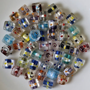 Glass, Cube, India, Indian, Varanasi, Silver Foil, Jewellery, Bracelet, Necklace, Earrings, Bead Curtain, Suncatcher, 10mm, Pink, Navy, Yellow, Red, Purple, Teal, Orange, Black, Green, Clear,