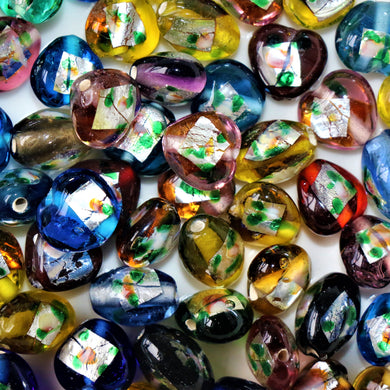 Silver Foil, Oval, Multi-Coloured, Mix, India, Hearts, Global Beads, Glass, Colours, Collection, Clear, 12mm, 10mm, Pink, Navy, Yellow, Red, Purple, Green, Suncatchers, Bead Curtains, Varanasi,