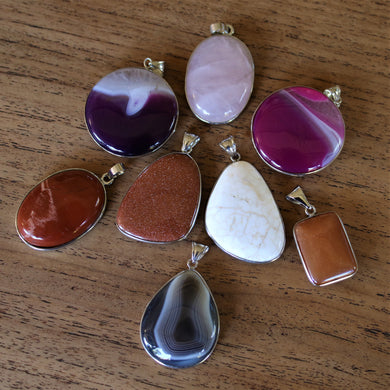 Sunstone, Banded Agate, Carnelian, Dendritic Agate, Dyed Pink Agate, Rose Quartz, Jasper, Purple Agate, Semi-Precious Stone, Pendants, Necklace, Silver Plated, Bail, Jewellery-Making, Jewellery, 
