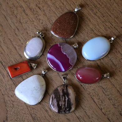 Moonstone, Dyed Pink Agate, Dendritic Agate, Rose Quartz, Coral, Jasper, Semi-Precious Stone, Pendants, Necklace, Silver Plated, Bail, Jewellery-Making, Jewellery, Beads, 