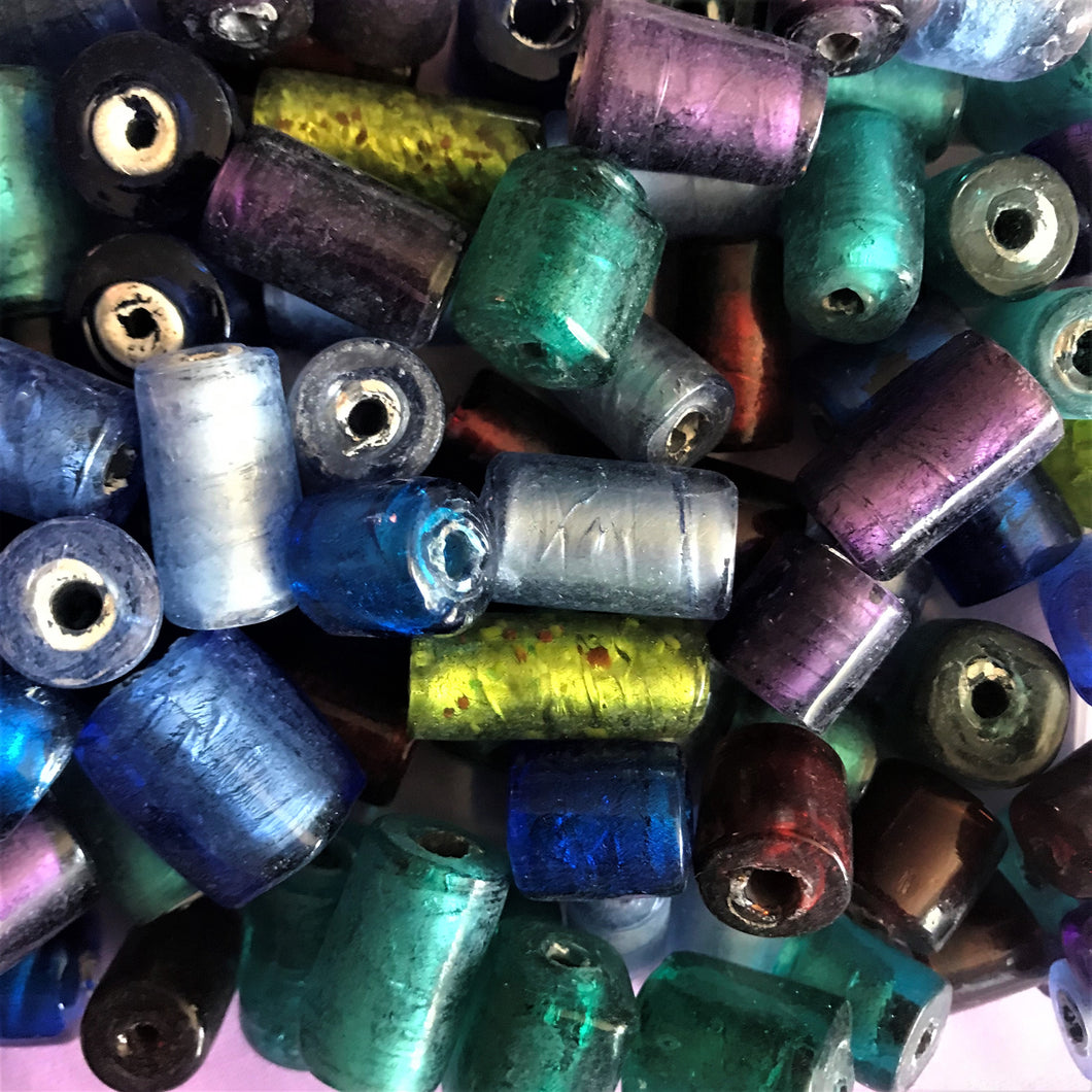 Silver Foil, Beads, Glass, Stubbies, Cylinders, Tubes, Topaz, Olive, Teal, Silver Grey, Navy, Purple, Emerald, Jewellery, Earrings, Necklaces, Bracelets, Leather, India, Indian, Tigertail,