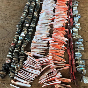 Pink, Brown, White, Purple, Orange, Beige, Strand, Shells, Seashell, Necklace, Bracelet, Earrings, Beads, Pendants, Shards, Collection, Suncatchers, Bead Curtains, Key Rings, Green Abalone Heishi, Red-Lip Mussel, Mother of Pearl, Slices, 900 Shells, Rectangle, Standout, 