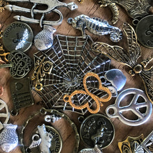 Load image into Gallery viewer, Charms, Pendants, Mixed Alloy, Jewellery, Fish, Bicycles, Coins, Surfboards, Peace Symbols, Snakes, Fruit, Flowers, Elephants, Dragons, Love Hearts, Skulls, Animals, Cobwebs, Brass, Antique Silver, Gold, Bronze, Brooch, Earrings,
