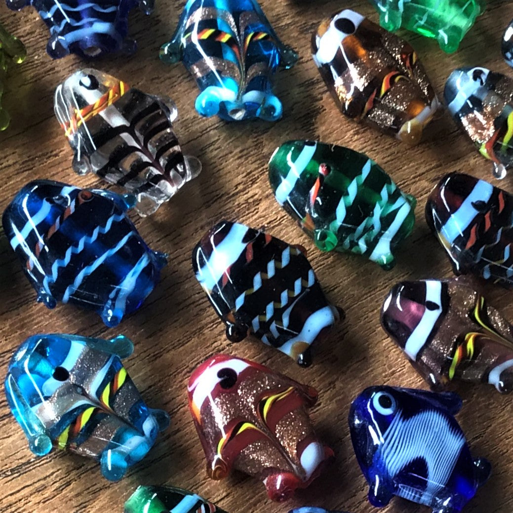 Lampwork, Fish, Keyring, Lampwork, Multicoloured, Blue, Green, Clear, Aqua, Purple, Red, Indian, Jewellery, Tigertail, Leather, Synthetic Cord, Earrings, Necklaces, Bracelets, Assorted, Collection, Beads, 