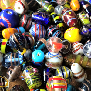 Lampwork, Glass, Indian, Keyring, Multicoloured, Ovals, Rounds, Tubes, Cylinder, Drops, Bicones, Blue, Green, Clear, Aqua, Purple, Red, Indian, Jewellery, Earrings, Necklaces, Bracelets, Assorted, Collection, Beads, 