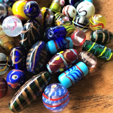 Lampwork, Glass, Indian, Keyring, Multicoloured, Ovals, Rounds, Tubes, Cylinder, Drops, Bicones, Blue, Green, Clear, Aqua, Purple, Red, Indian, Jewellery, Earrings, Necklaces, Bracelets, Assorted, Collection, Beads, 