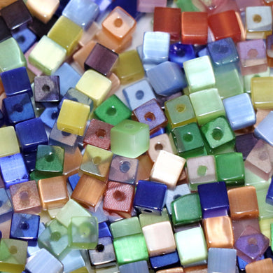 Multi-Coloured, Square, India, Global, Beads, Glazed, Glass, Cube, Cat's, Eye, 4mm, Green, Lime, Blue, Navy, Topaz, Worldwide, Orange,