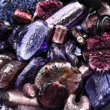 Load image into Gallery viewer, Purple Rhapsody, Chunky Beads, Glass, 2 Kilo, Two Kilogram, Colourful, Indian Silver Foil Beads, Silver Foil, Collections, Diamonds, Cubes, Hearts, Drops, Round, Tabular, Oval, Bicones, Cylinders, Slabs, Round, Gourds, Twists, Jewellery, Purple, Blackberry, Lilac, Violet, Fuchsia, Ruby, Magenta, Indigo, Mauve, Suncatchers, Indian, Bead Curtain, Beads, Statement, Gold, Speckled, 
