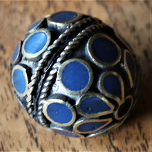 Load image into Gallery viewer, Pale Lapis Lazuli, Afghanistan, Turkmenistan, Brass, Turkoman,  Imperfections, Jewellery, Global Beads, Collection, Mix, Tigertail, Craftline, Leather, Necklace, Earrings, Ethnic, Tribal, Statement Jewellery, Top-Drill, Hole, Afghan, Middle Eastern, Enamel, Inlaid, Bracelet, Anklet, Filigree, Wire, Wrapping, Rustic
